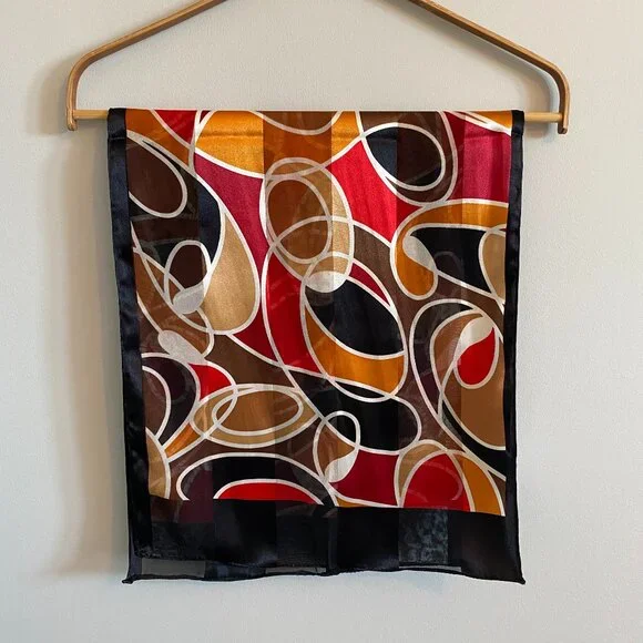 2/$20 👒 Vintage Oldstock Sheer Scarf with Red, Black, Orange Abstract Pattern - Picture 2 of 8